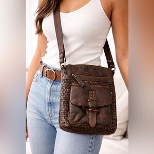 OAK Dark Brown Woven Leather Messenger Bag